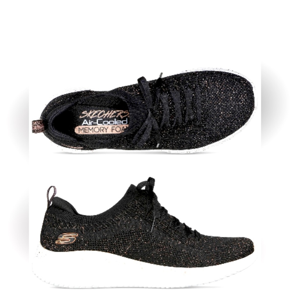 Skechers Sport Women's Mood Black/Rose Gold Athletic Lace Up Nursing Shoes